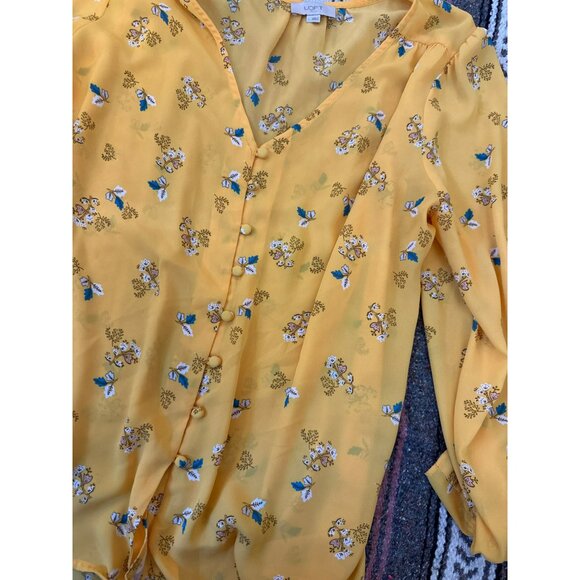 LOFT Outlet Large Yellow Floral Button-Down Blouse V-Neck Sheer Cottage Career - Picture 3 of 5